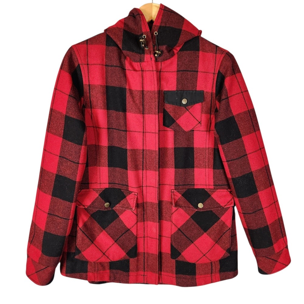 Pendleton Coat Women's Medium Red Black Buffalo Check Plaid Wool Blend Hood